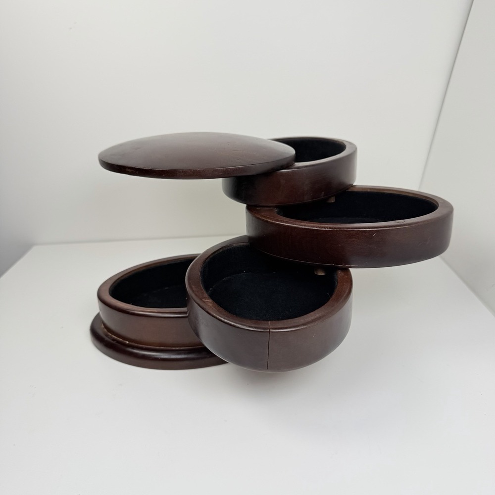 Bed Bath & Beyond Wood Oval Jewelry Tower Box 4 Tier Swivel Velvet Lined Brown